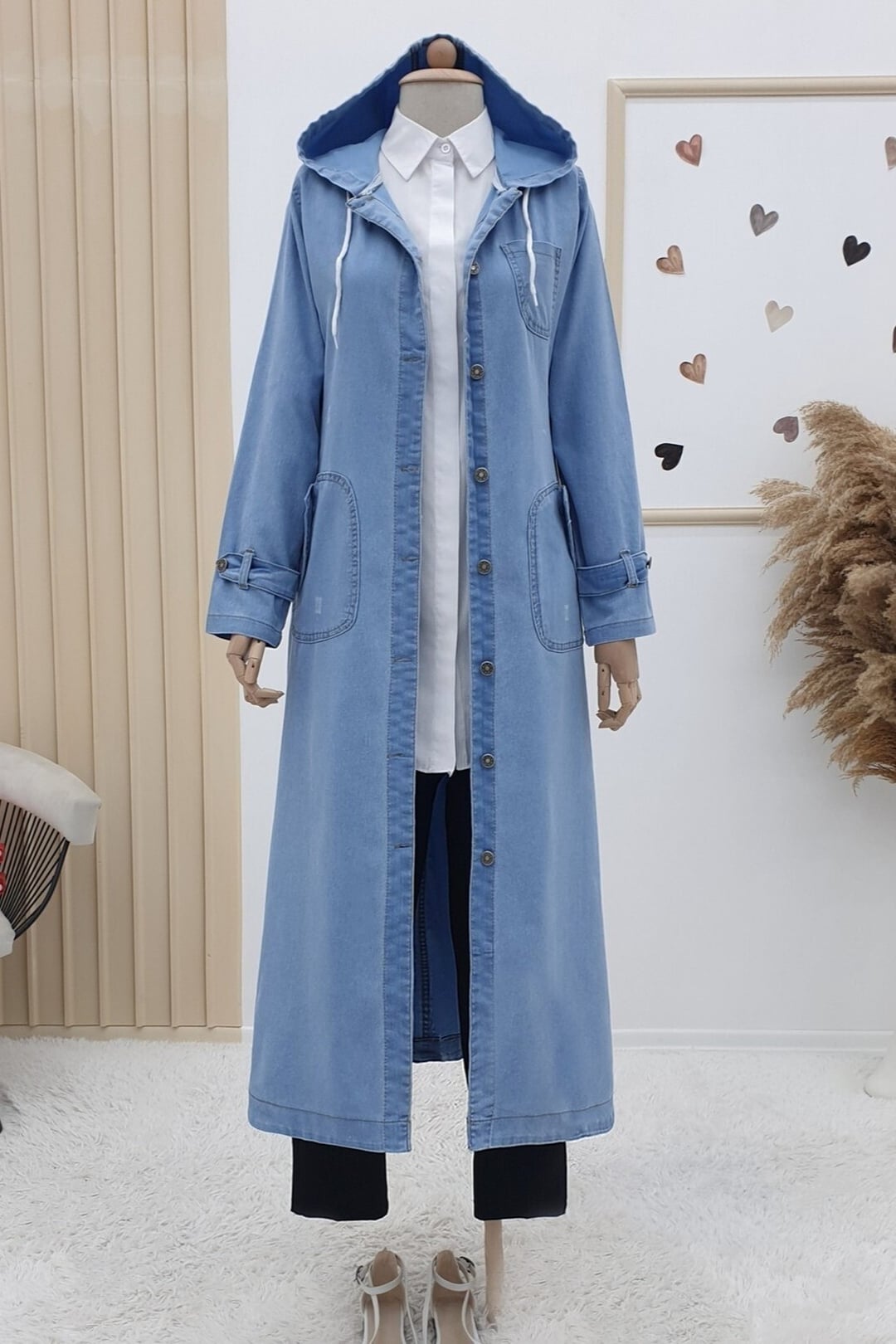 Long Denim Jacket with Hood - Blue - Podyumplus - by Peralane - photo 3
