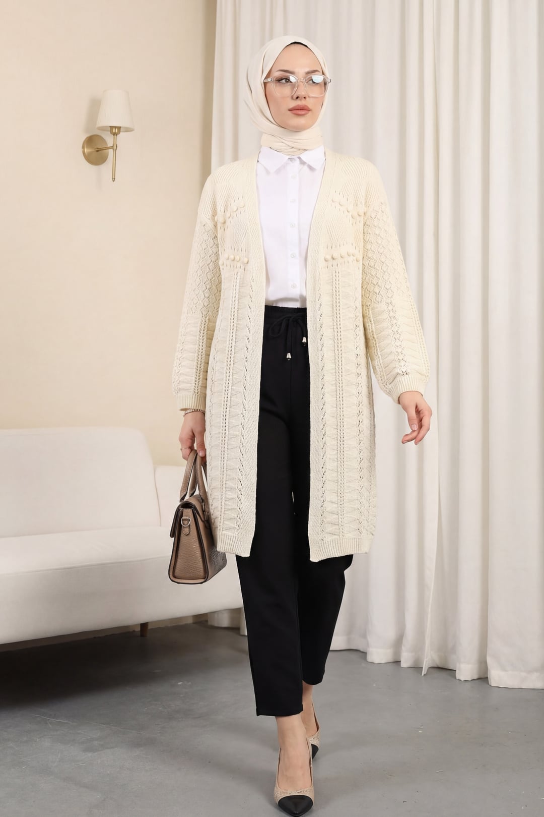 Cream Pom-Pom Patterned Mid-Length Knit Cardigan - Podyumplus - by Peralane - photo 3