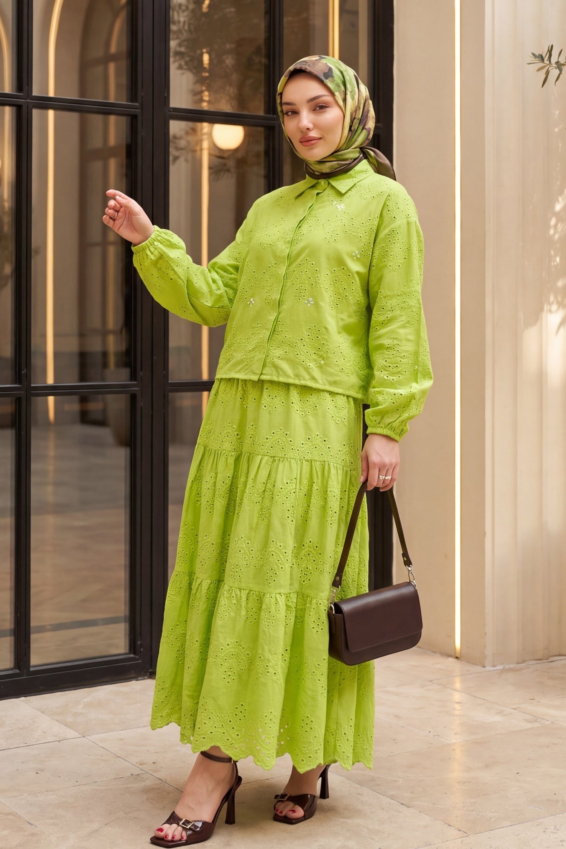 Eyelet Embroidered Co-ord Set with Tiered Maxi Skirt - Lime Green - Podyumplus - by Peralane