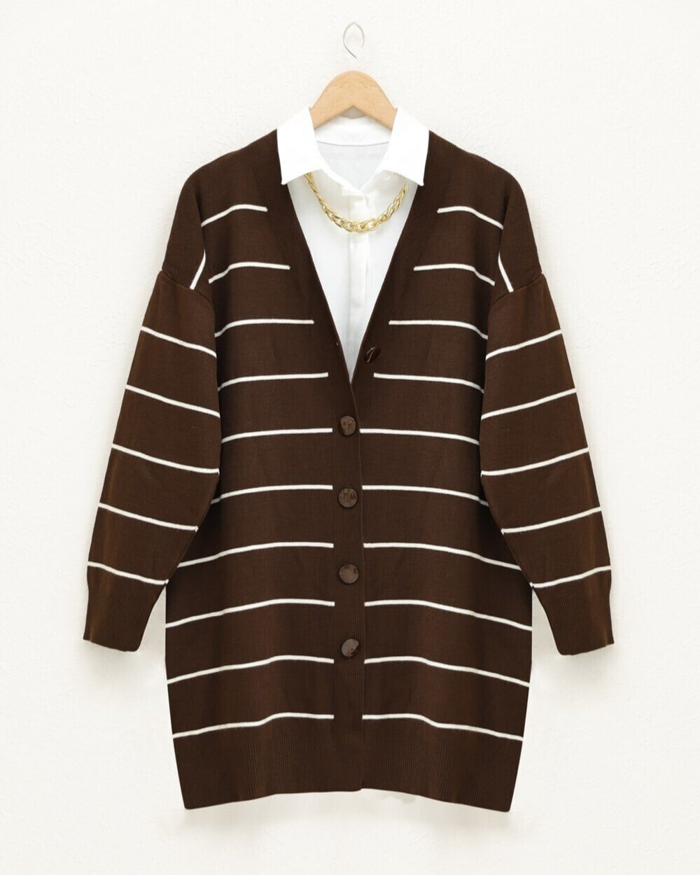 Brown Striped Knit Cardigan for Women with Button Front - Podyumplus - by Peralane - photo 3