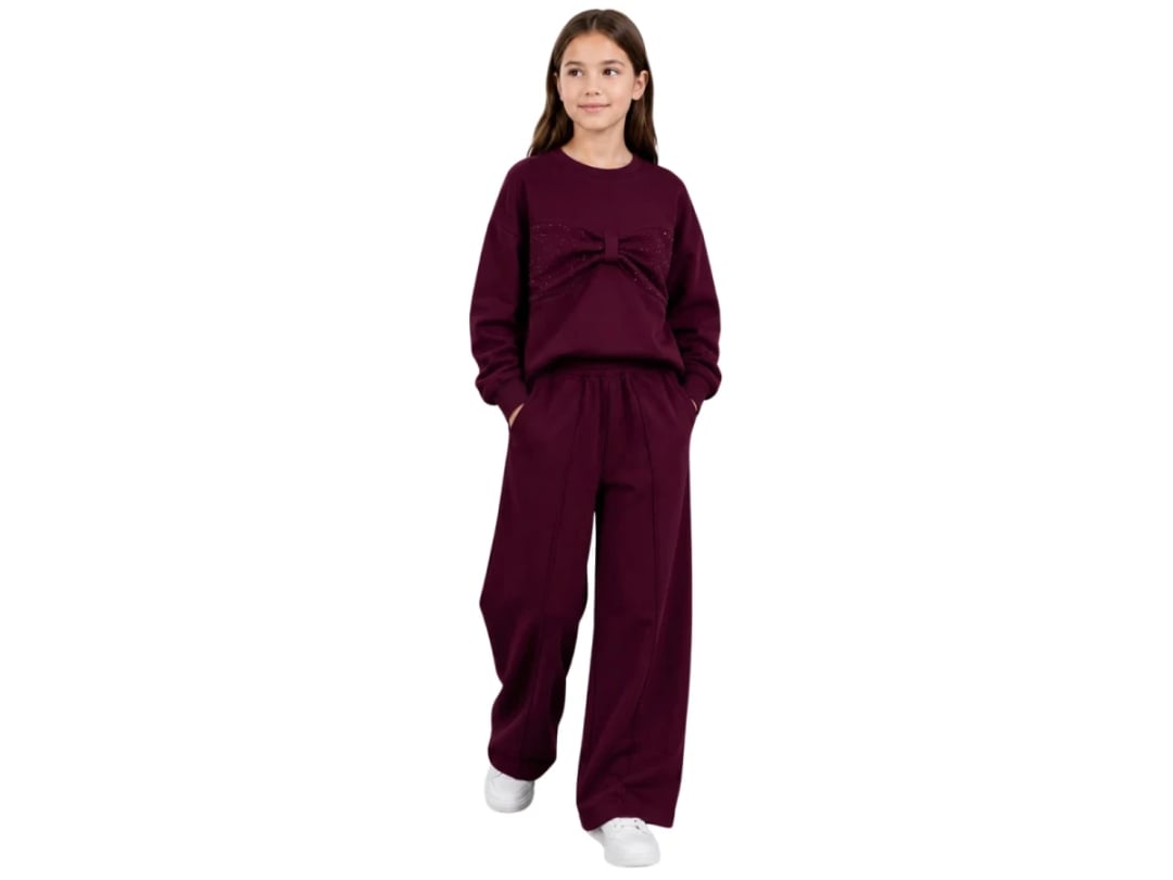 Girls' Sequined Bow Sweatshirt and Trousers Set - Burgundy - Incilay - by Peralane