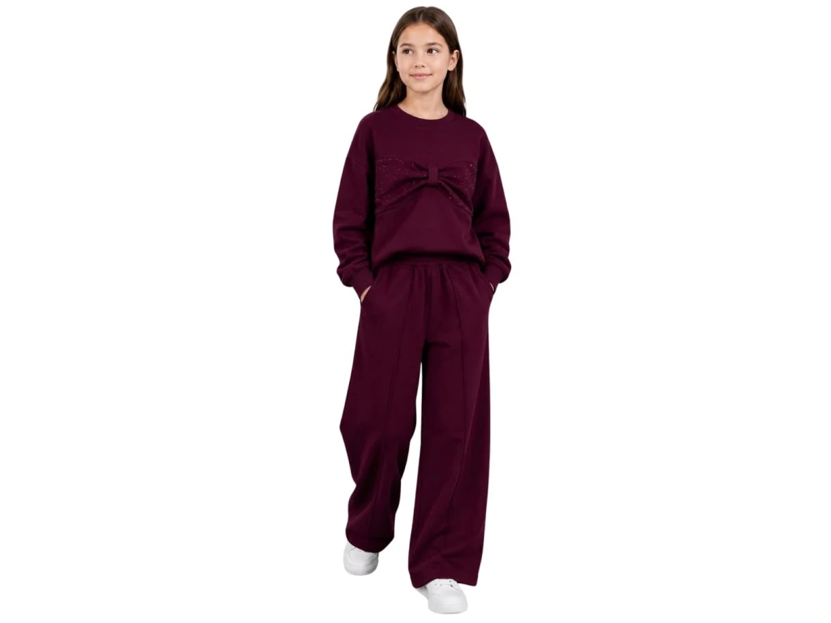 Girls' Sequined Bow Sweatshirt and Trousers Set - Burgundy - Incilay - by Peralane