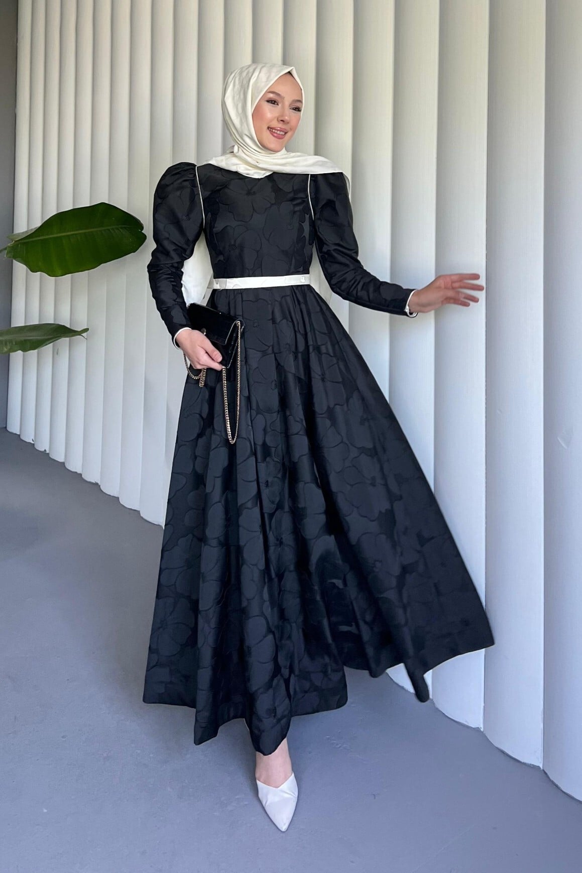 Black Belted Balloon Skirt Cold Print Kaftan Evening Dress - Podyumplus - by Peralane - photo 3
