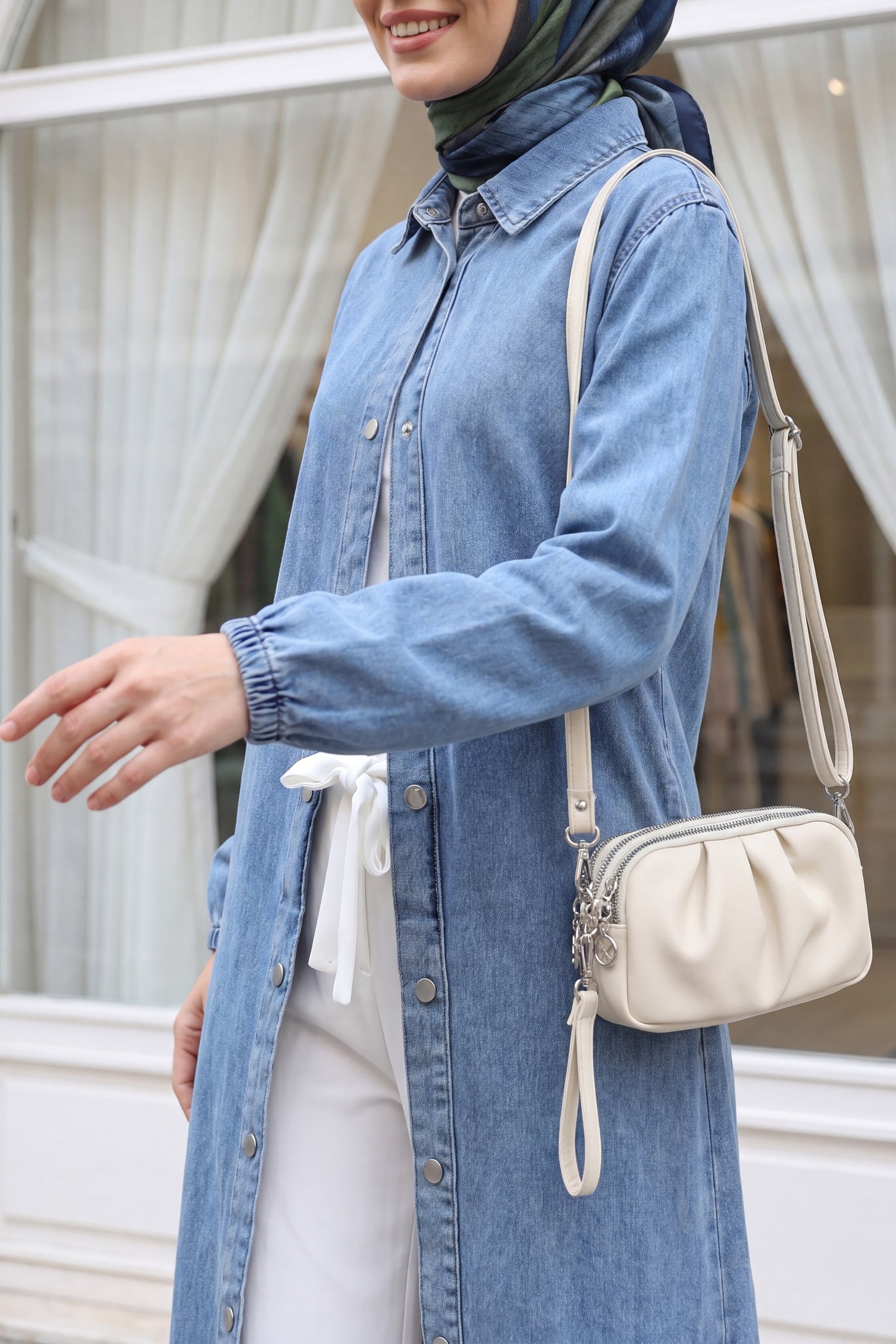 Light Blue Denim Long Jacket with Elastic Cuffs and Full-Button Front - Podyumplus - by Peralane - photo 3