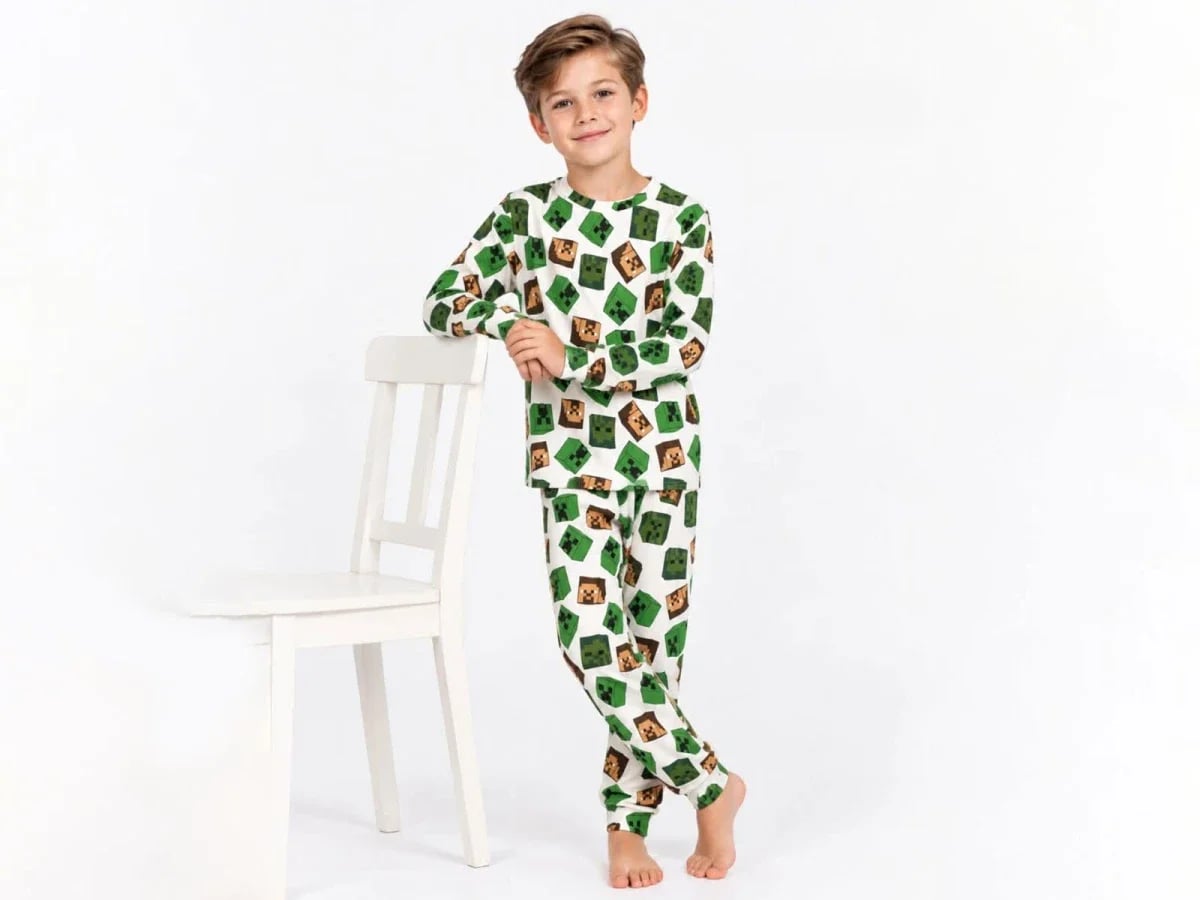 Boys' Minecraft Pattern Interlock Pajama Set - White - Isobel - by Peralane