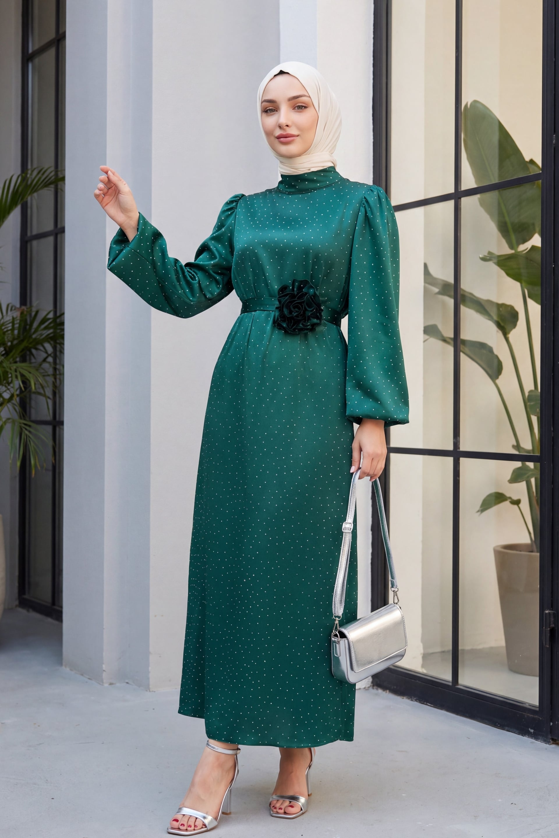 Emerald Green Polka Dot Satin Dress with Puffed Sleeves and Belt - Podyumplus - by Peralane