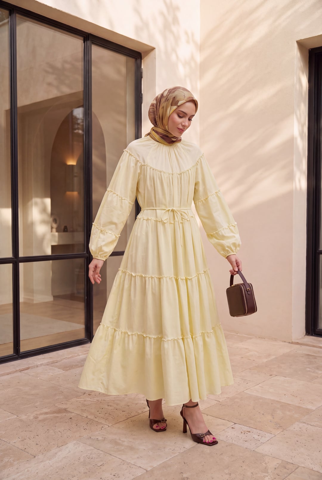 Long Sleeve Tie Waist Tiered Ruffle Dress - Light Yellow - Podyumplus - by Peralane - photo 3