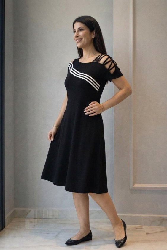 Women's Black Short-Sleeve Mid-length Dress with Stripe Detail - Janes - by Peralane - photo 4