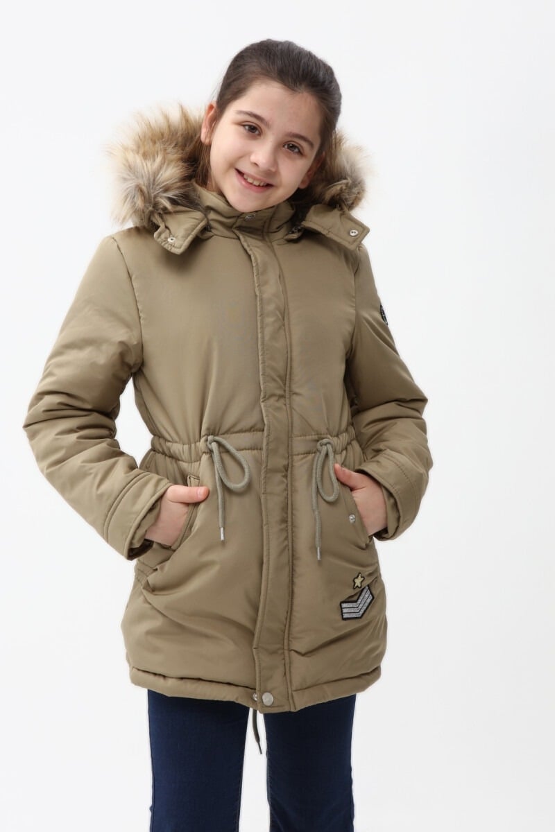 Girls' Padded Parka Jacket with Faux Fur Hood - Khaki - Benitto Kids - by Peralane