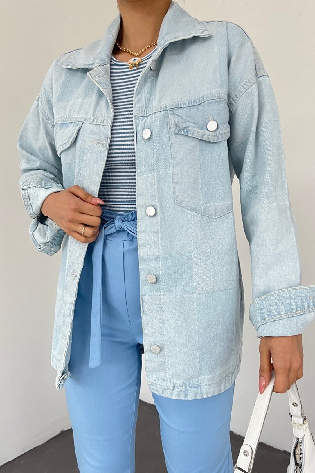 Light Blue Denim Jacket with Collar and Button Flaps - Buz Mavi - Podyumplus - by Peralane - photo 2