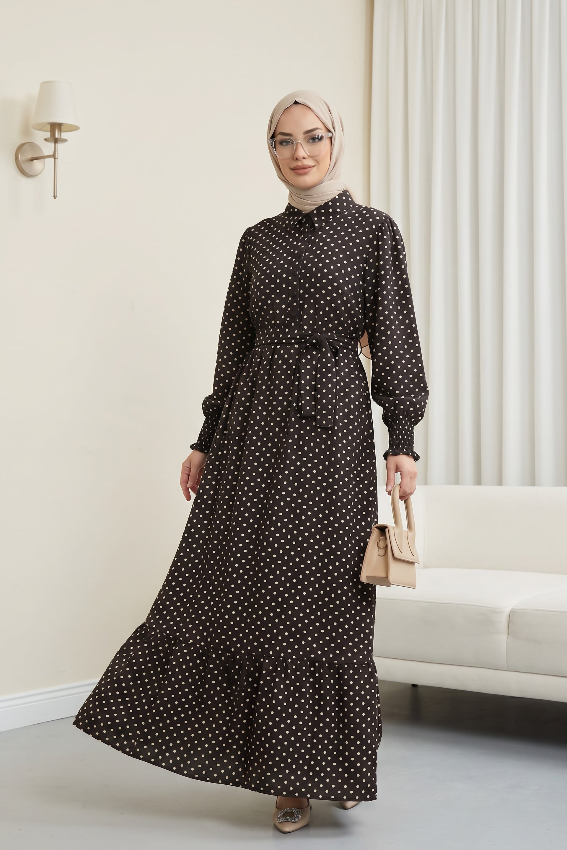 Tie-Sleeve Half-Button Shirt Collar Poliviscose Dress - Dark Brown - Podyumplus - by Peralane