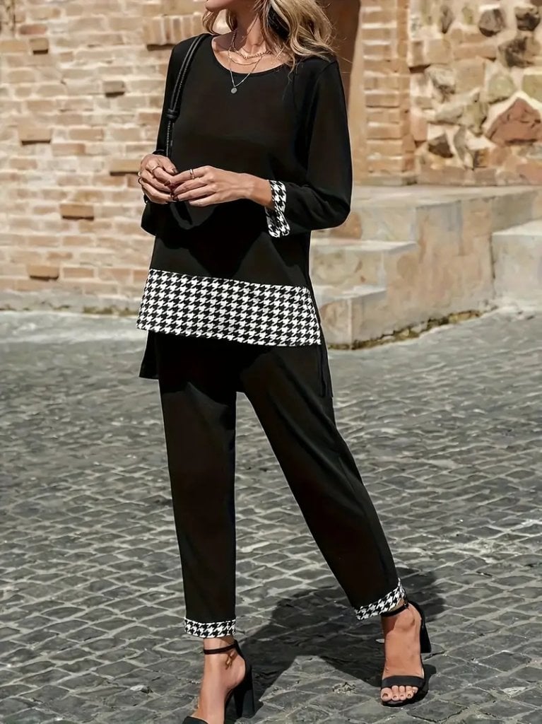 Women's Long-Sleeve Round Neck Houndstooth Trim Viscose Two-Piece Set - Janes - by Peralane