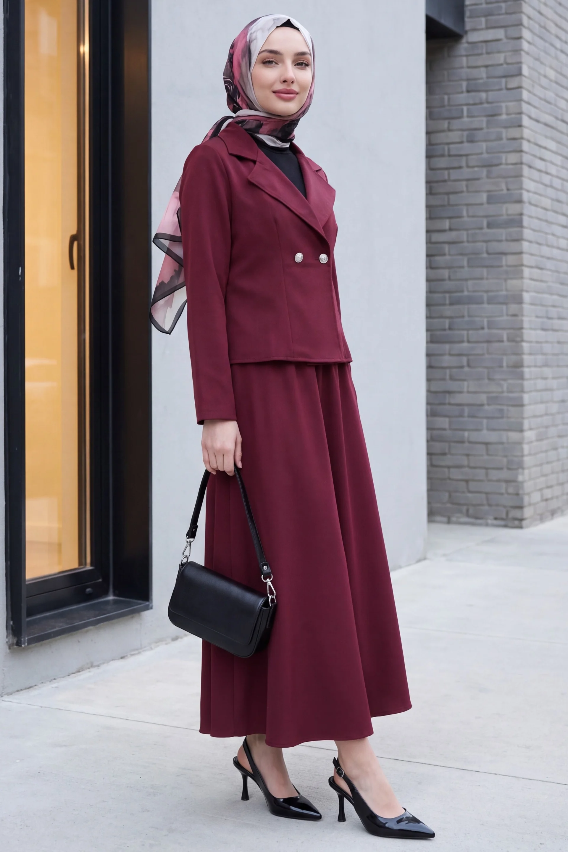 Double Crepe Blazer and Skirt Co-ord Set in Burgundy - Podyumplus - by Peralane - photo 3