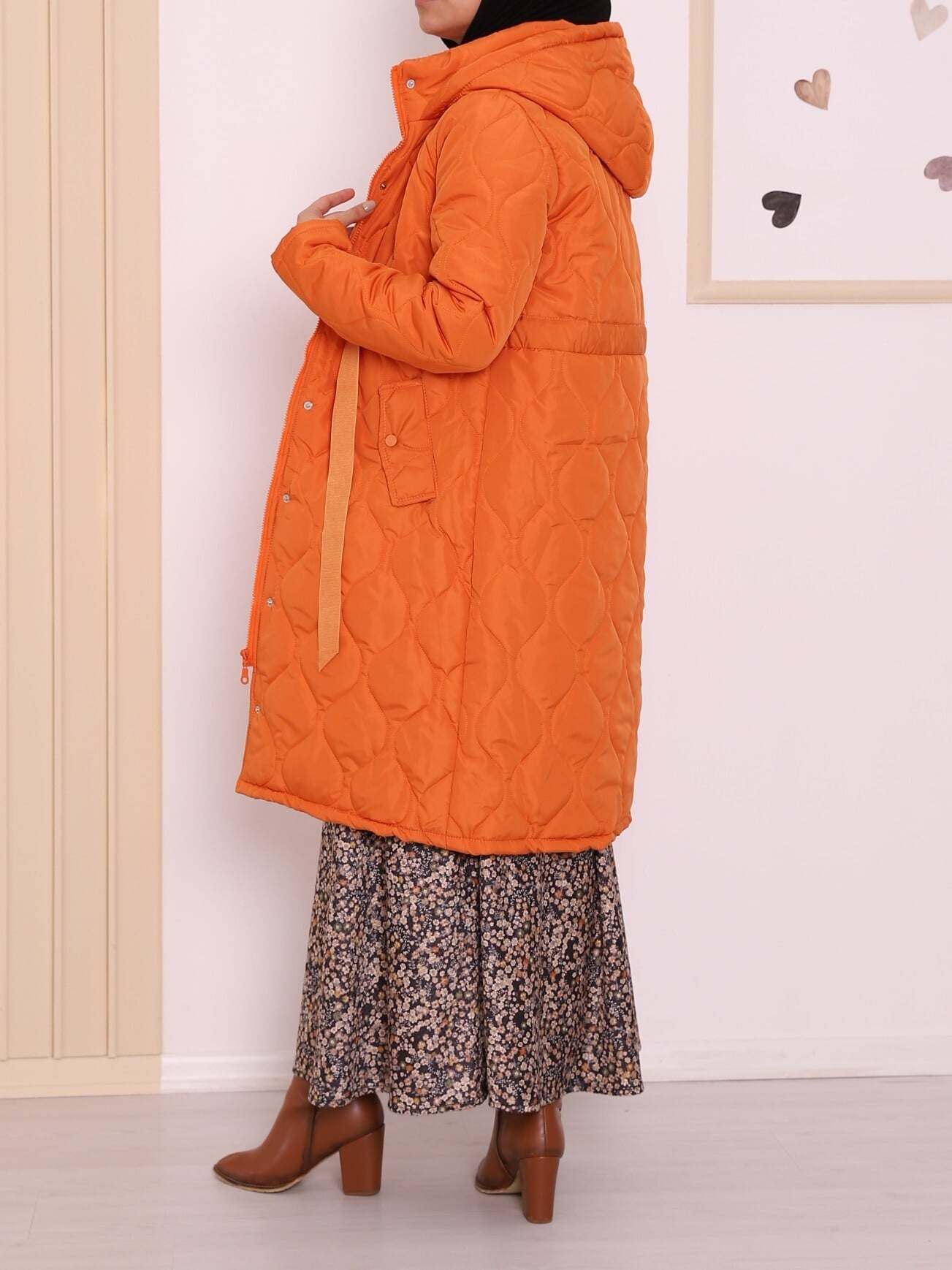 Women's Quilted Hooded Coat with Belt and Pockets - Orange - Podyumplus - by Peralane - photo 3
