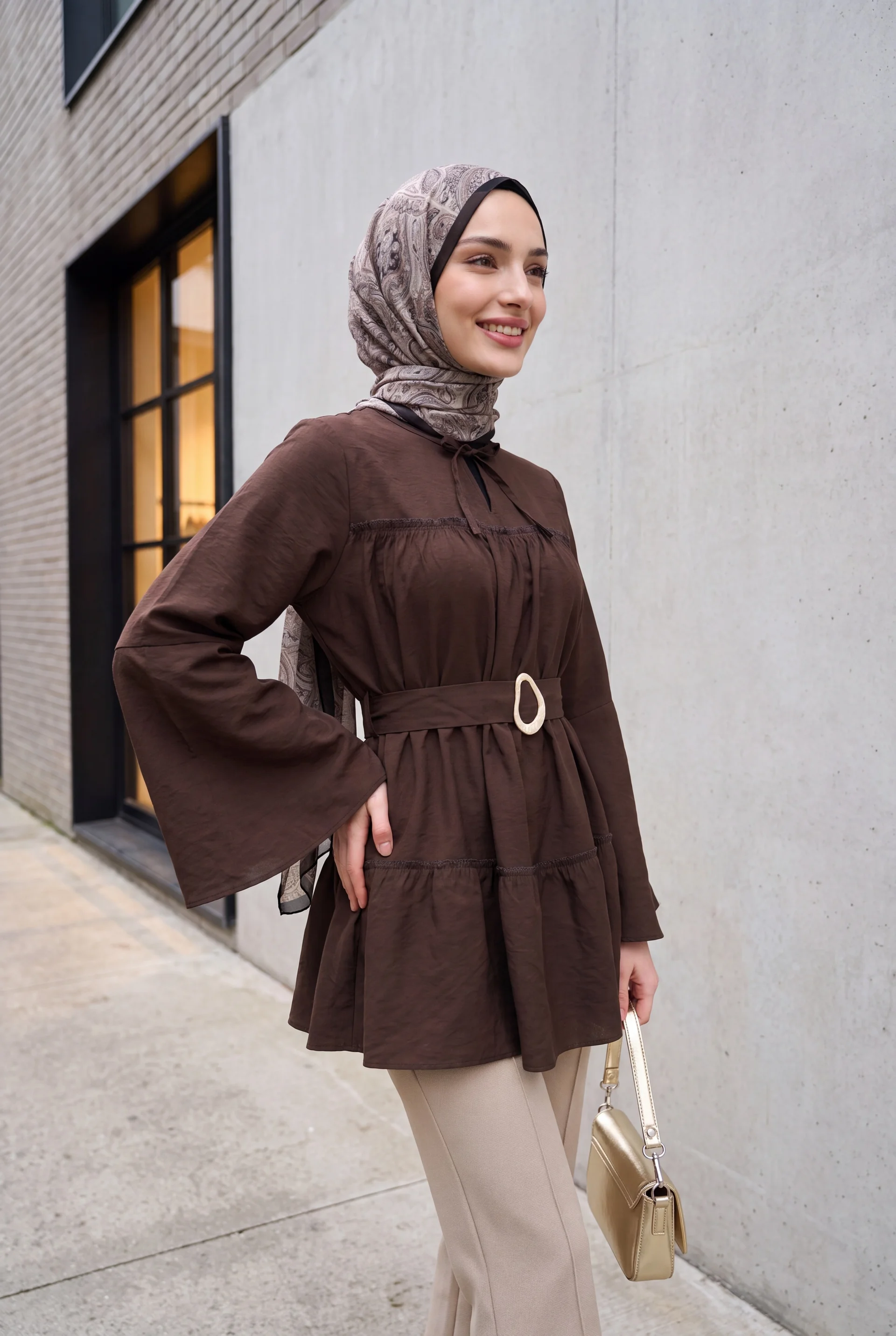 Buckle Belt Wrap Neck Panel Polyviscose Tunic - Dark Brown - Podyumplus - by Peralane - photo 4