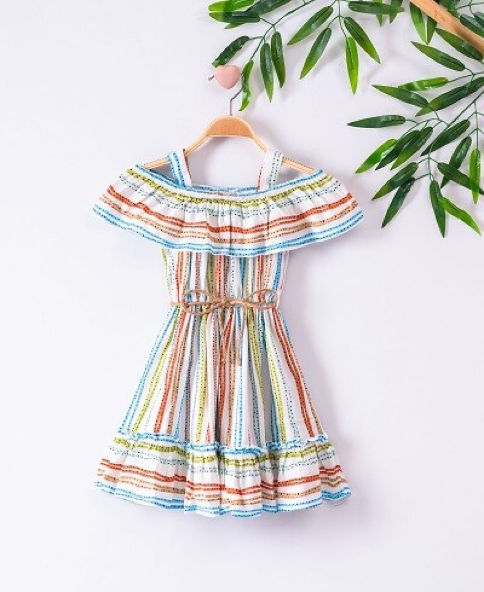 Striped Viscose Ruffled Off-Shoulder Dress for Girls - Busra Bebe - by Peralane