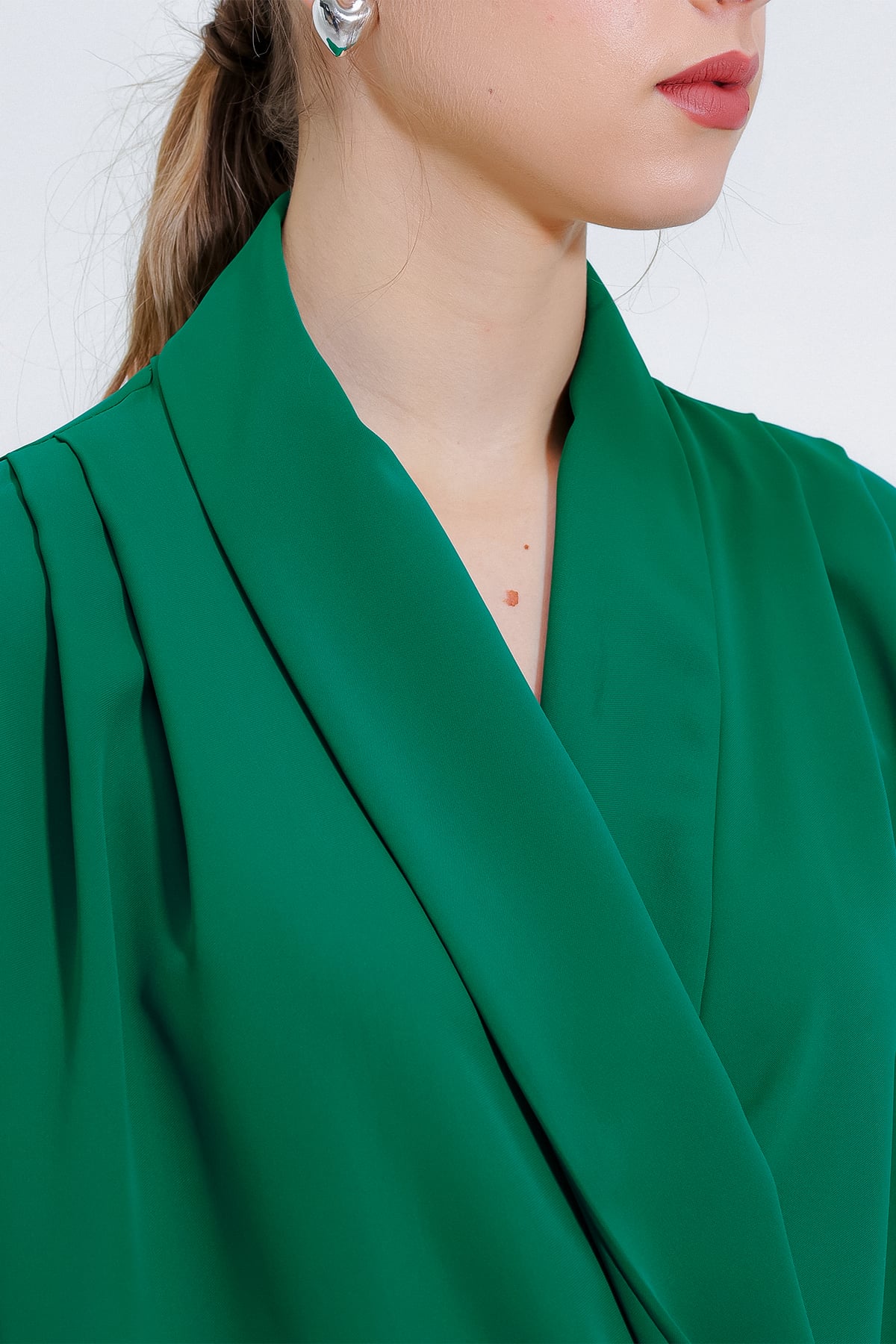 Women's Emerald Green Wrap Neck Draped Satin Blouse - Bigdart - by Peralane - photo 4