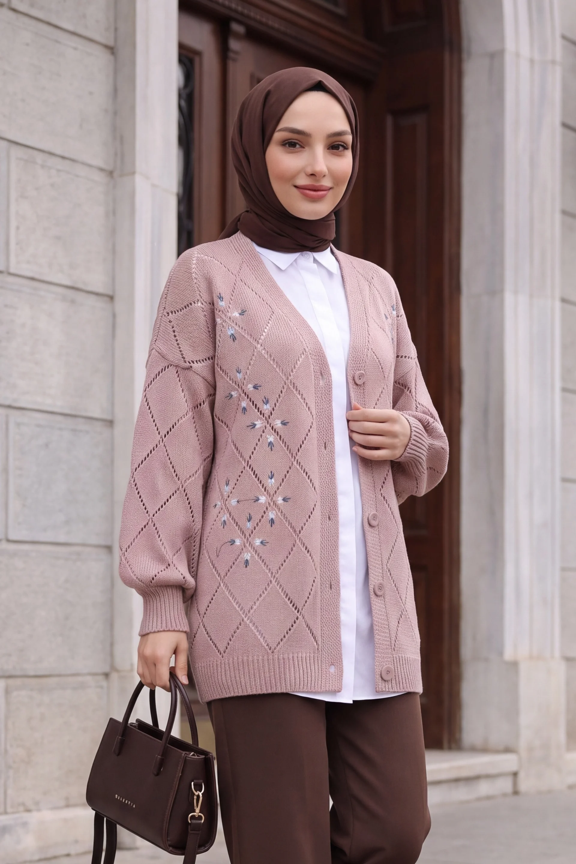 Dusty Rose Knit Cardigan with Floral Embroidery and Openwork Pattern - Podyumplus - by Peralane - photo 2
