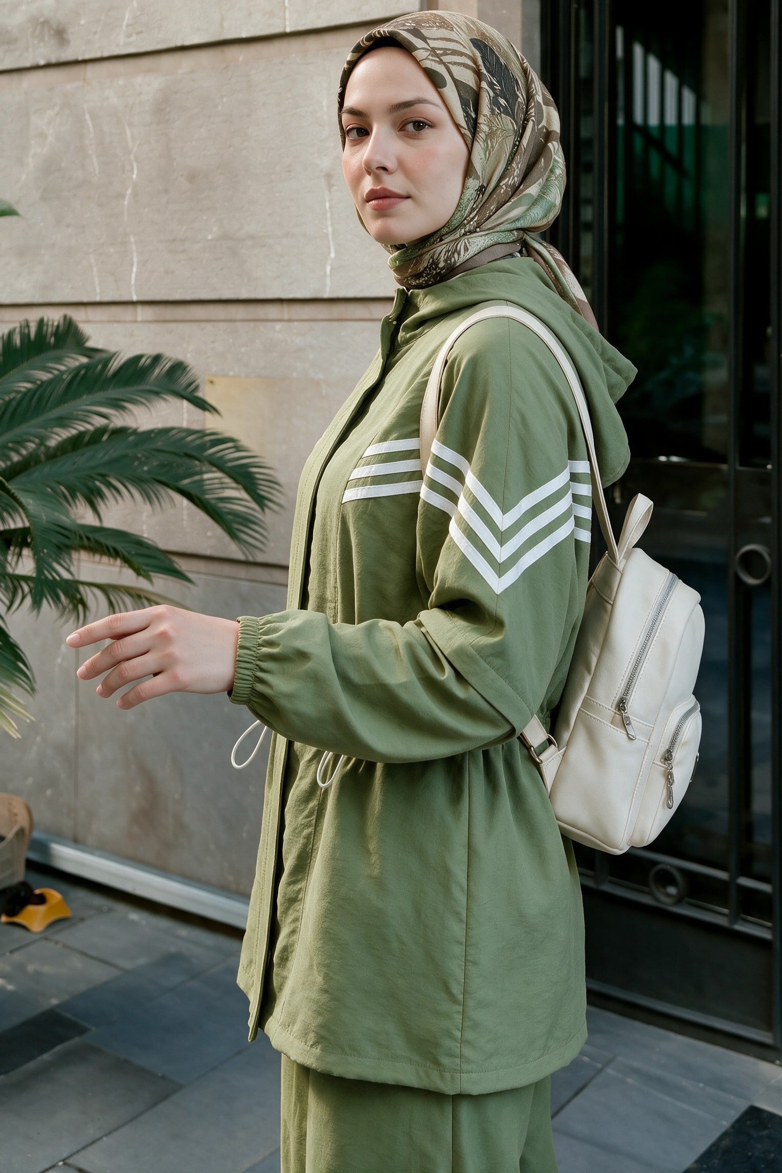 Collar Striped Tracksuit with Elasticated Waist and Cuffs - Olive Green - Podyumplus - by Peralane - photo 3