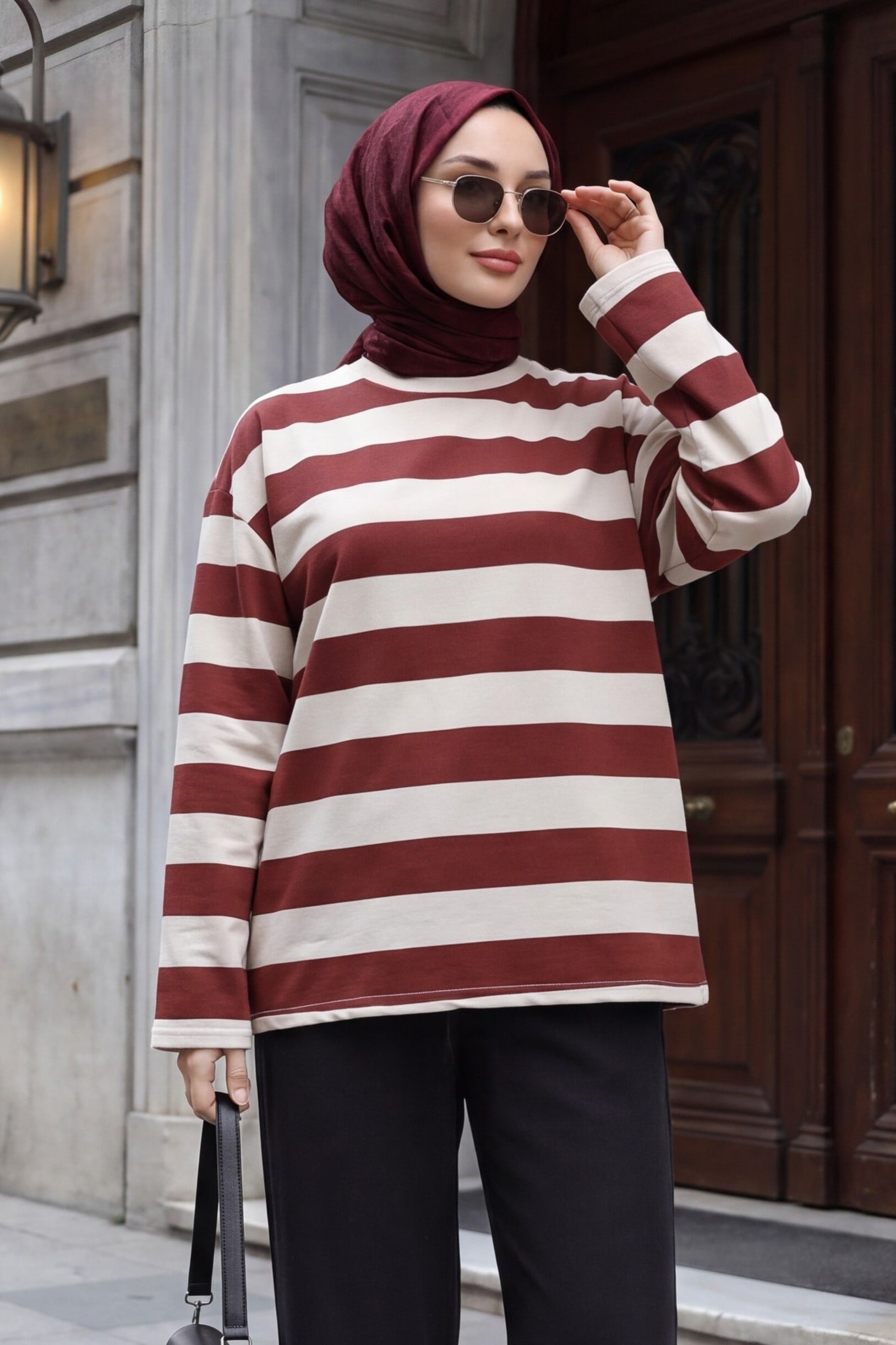 Bordeaux Crew Neck Striped Sweatshirt - Podyumplus - by Peralane - photo 2