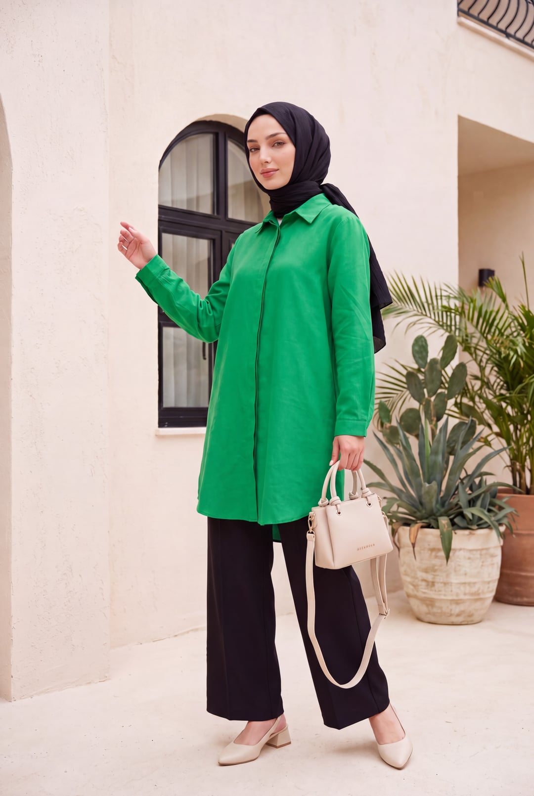 Hidden Button Oval Cut Long Tunic - Green - Podyumplus - by Peralane - photo 3