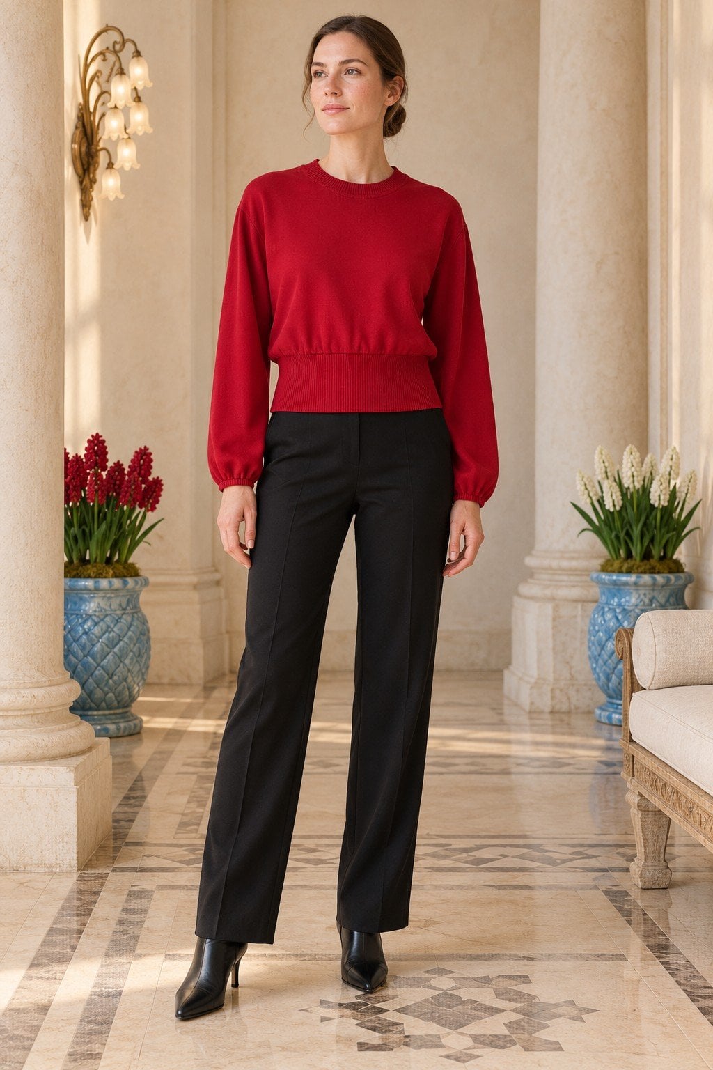 Knit Crew Neck Sweatshirt with Balloon Sleeves - Cherry Red - Xlove - by Peralane - photo 2