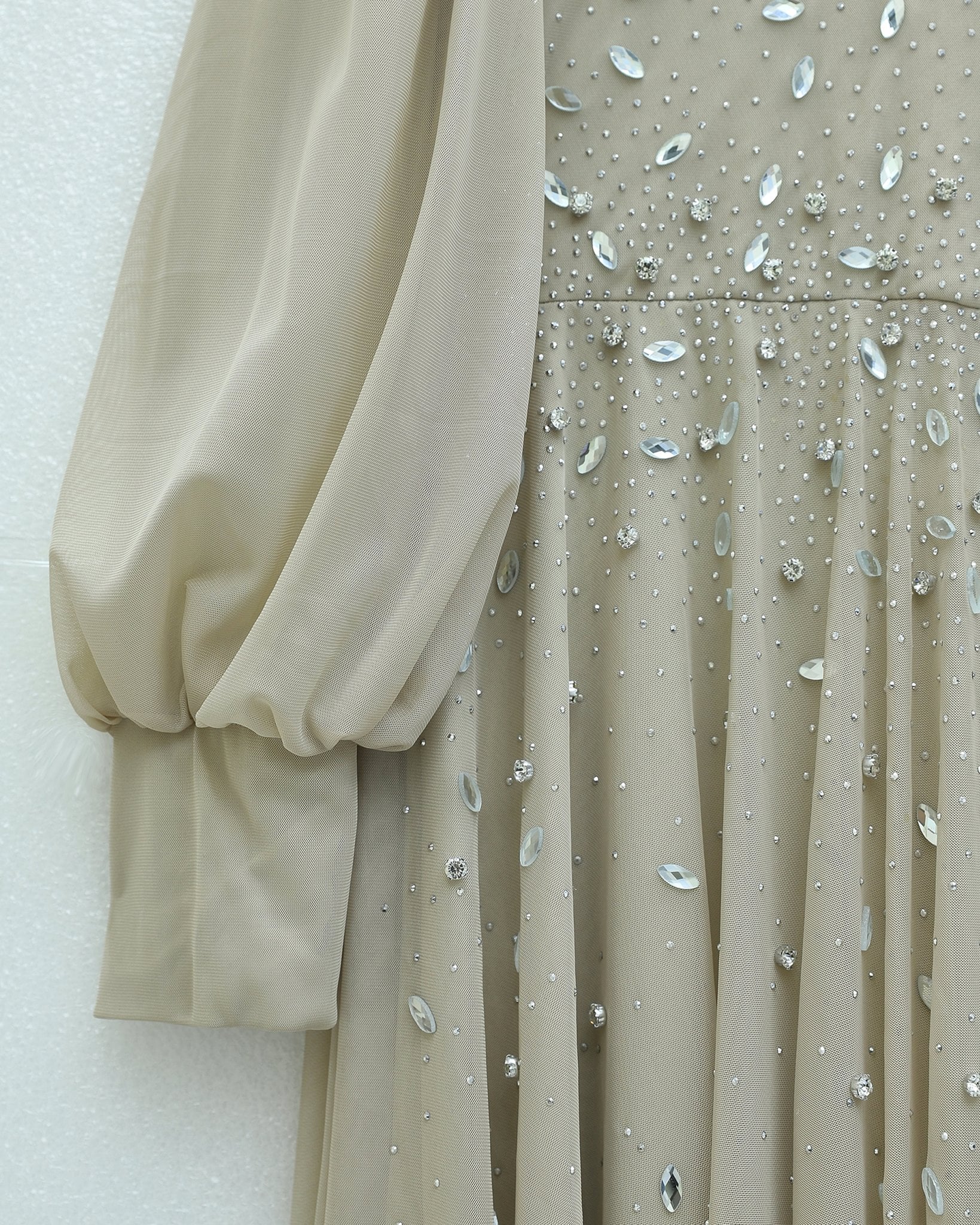 Beaded High Neck Evening Dress with Sheer Sleeves - Beige - Podyumplus - by Peralane - photo 3