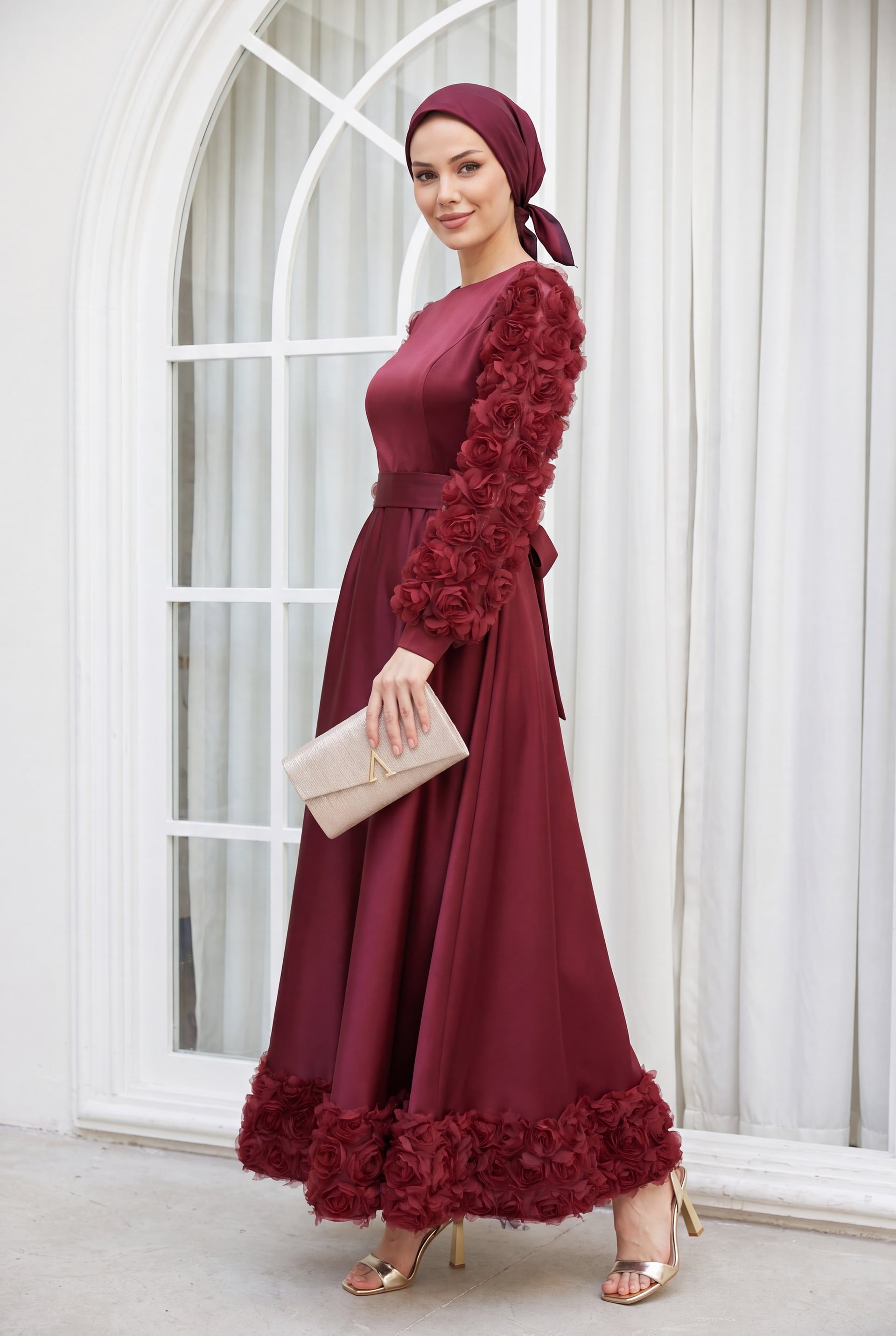 Rose Detail Satin Evening Dress - Burgundy - Podyumplus - by Peralane - photo 2