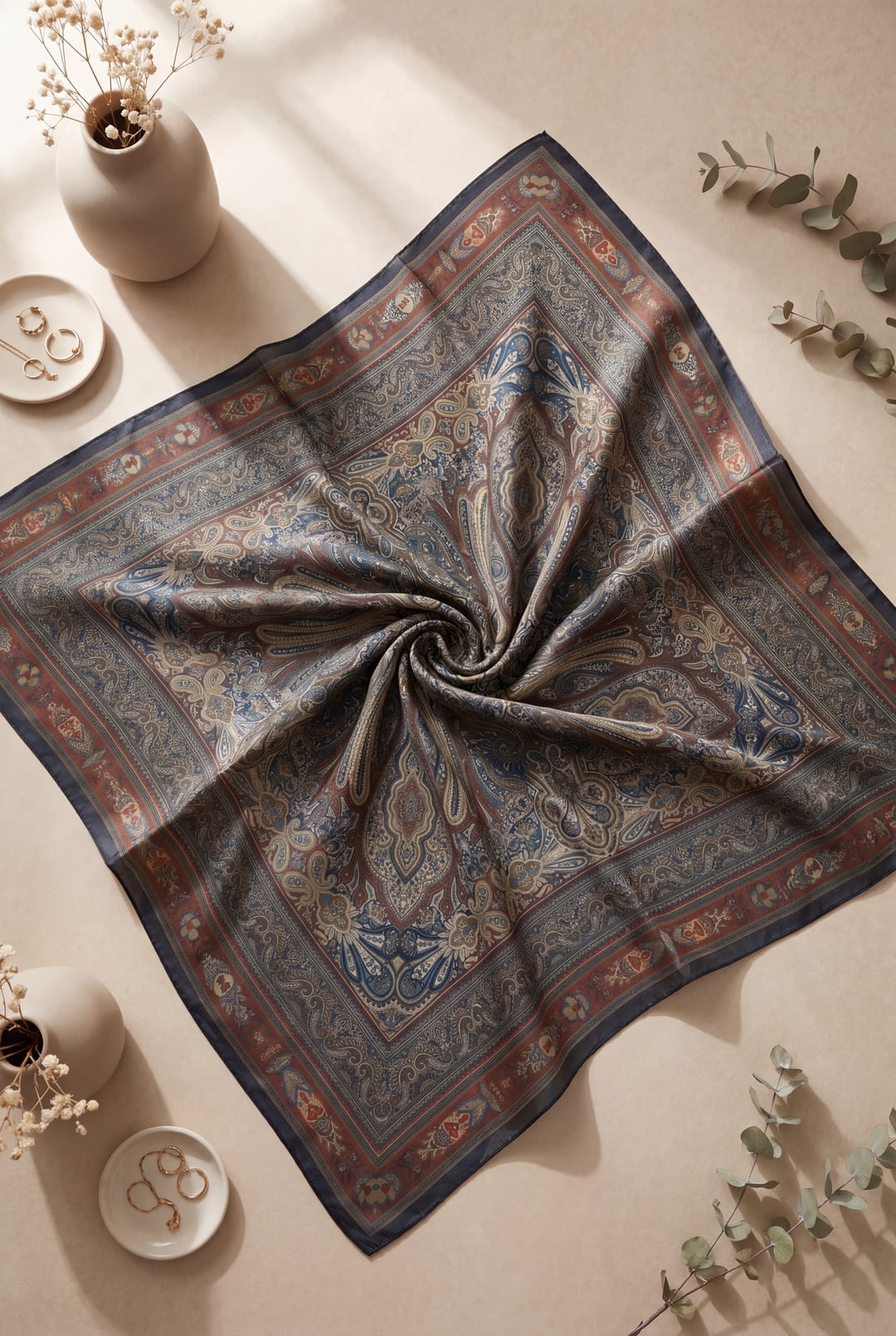 Framed Ethnic Print Cotton Scarf - Burgundy - Podyumplus - by Peralane
