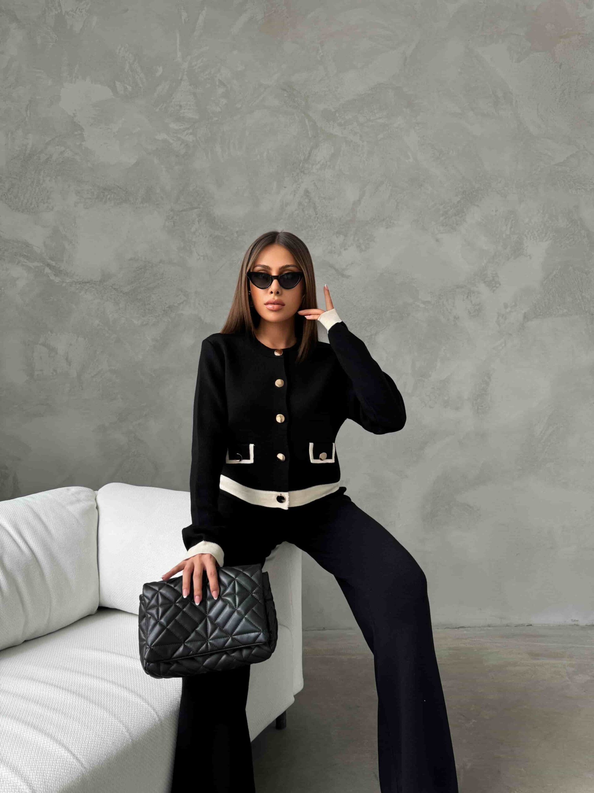Black Knit Cardigan and Wide-Leg Trousers Set with Cream Trim - My Bee - by Peralane - photo 5