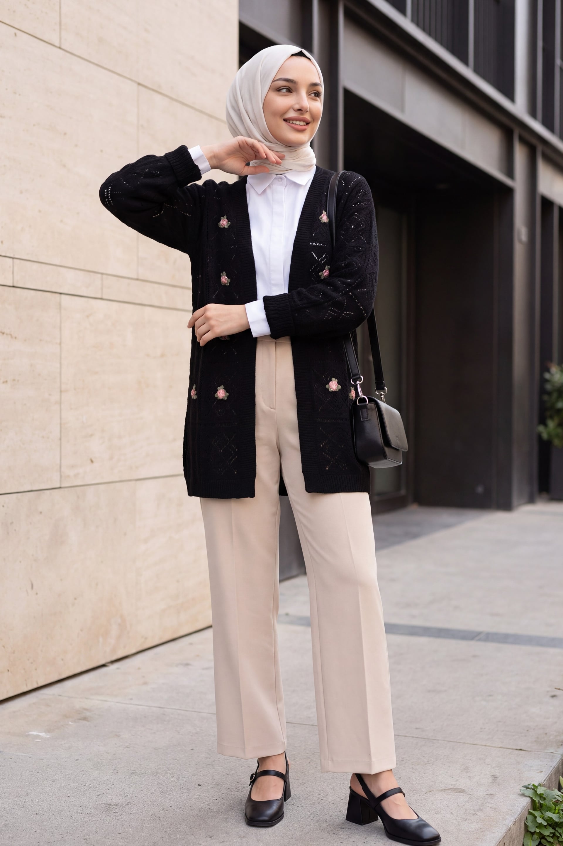 Black Open-Knit Embroidered Cardigan - Podyumplus - by Peralane - photo 3