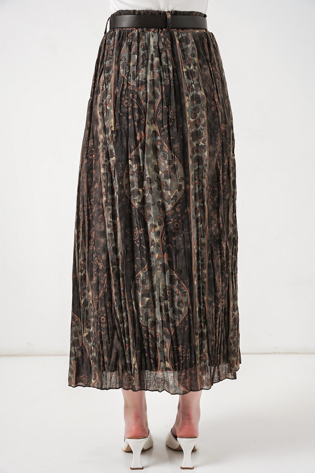 Women's Belted Patterned Midi Skirt 8074 - Dark Brown Paisley - Bigdart - by Peralane - photo 5
