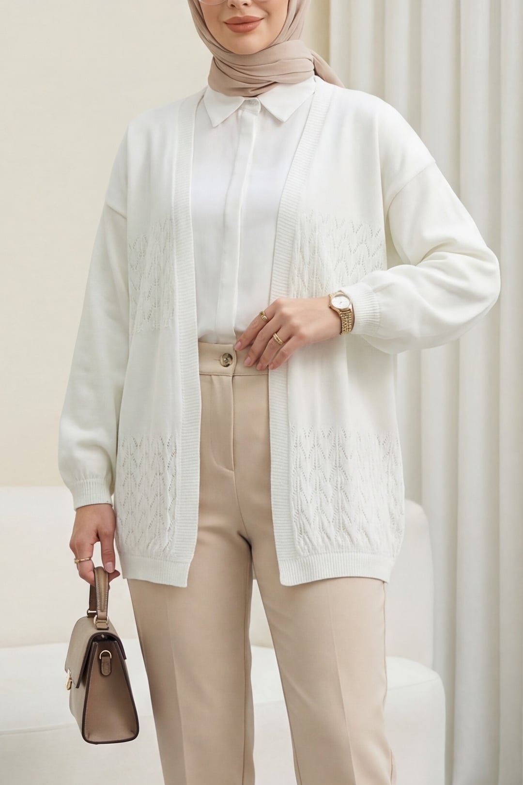 Araboy Openwork Knit Cardigan - Ecru - Podyumplus - by Peralane