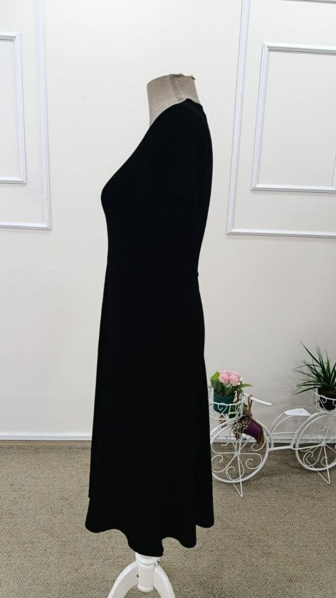 Women's V-Neck Short-Sleeve A-Line Midi Viscose Dress in Black - Janes - by Peralane - photo 6