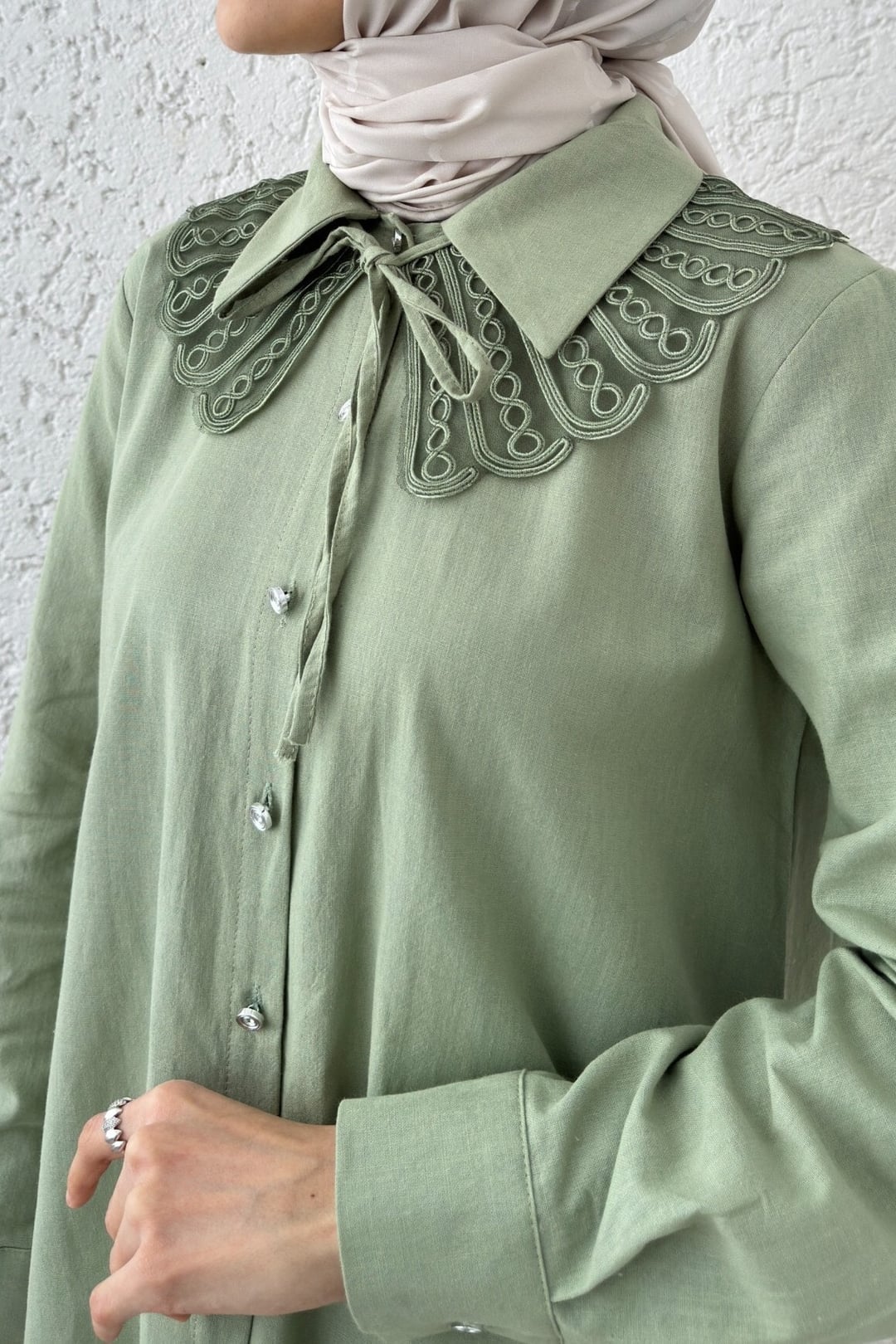 Sage Green Long Back Buttoned Modest Blouse with Scalloped Collar - Podyumplus - by Peralane - photo 7