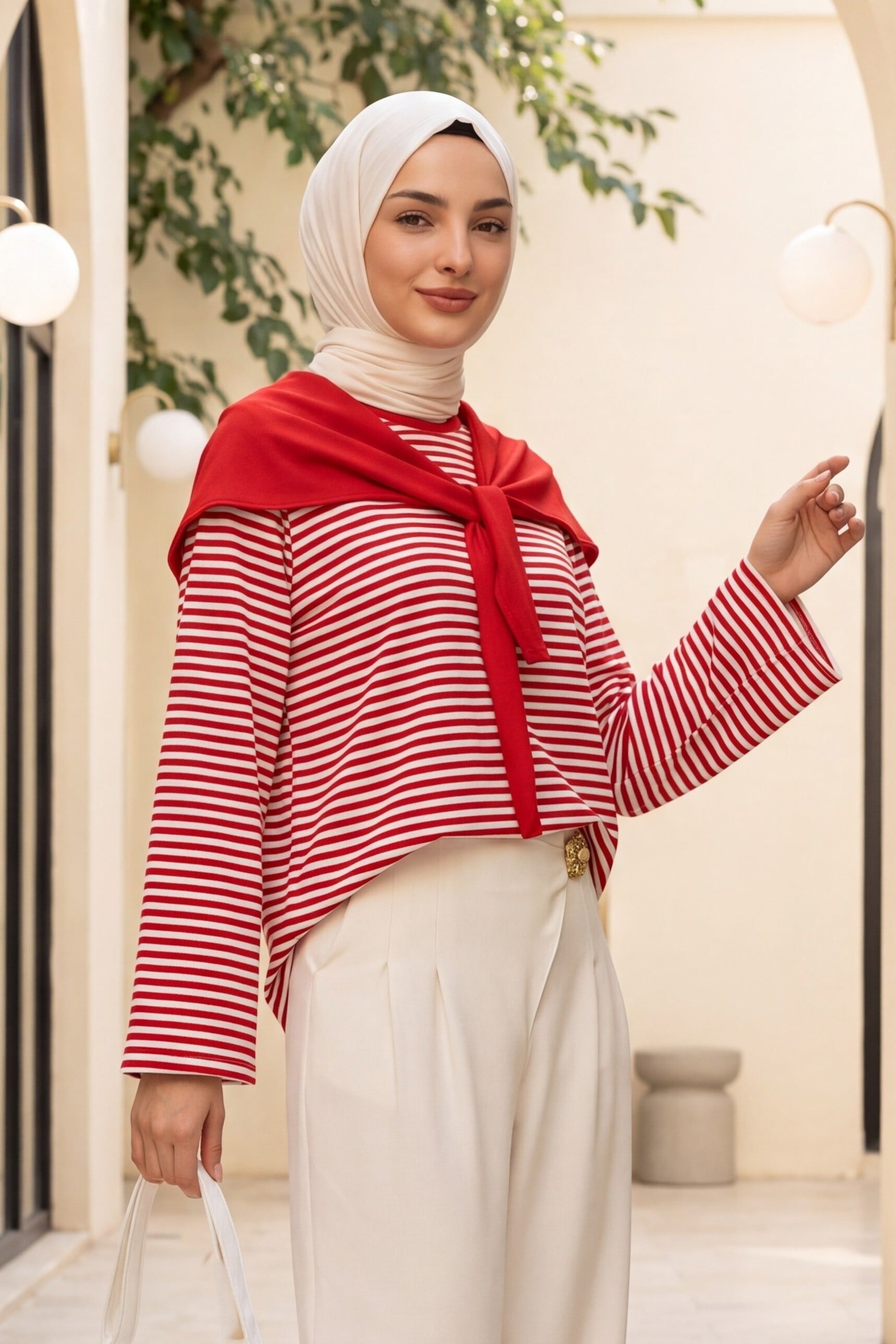 Red and White Striped Long-Sleeved Sweatshirt with Scarf Detail - Podyumplus - by Peralane - photo 2