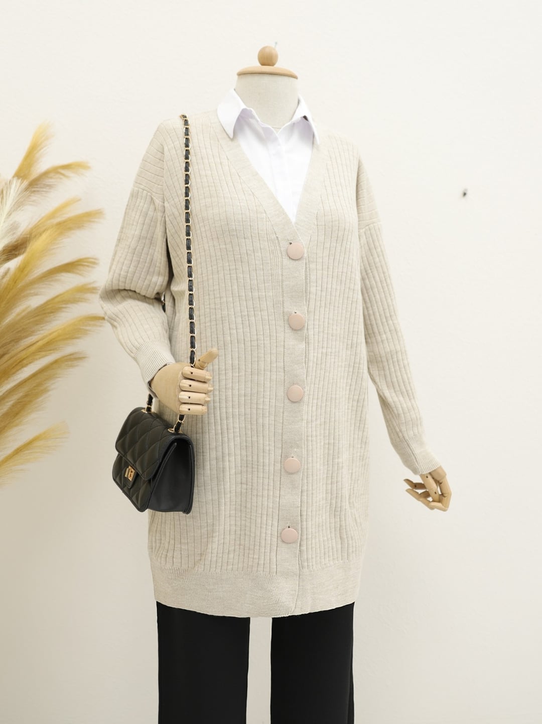 Ribbed Button-Front Long Knit Cardigan - Stone - Podyumplus - by Peralane - photo 2