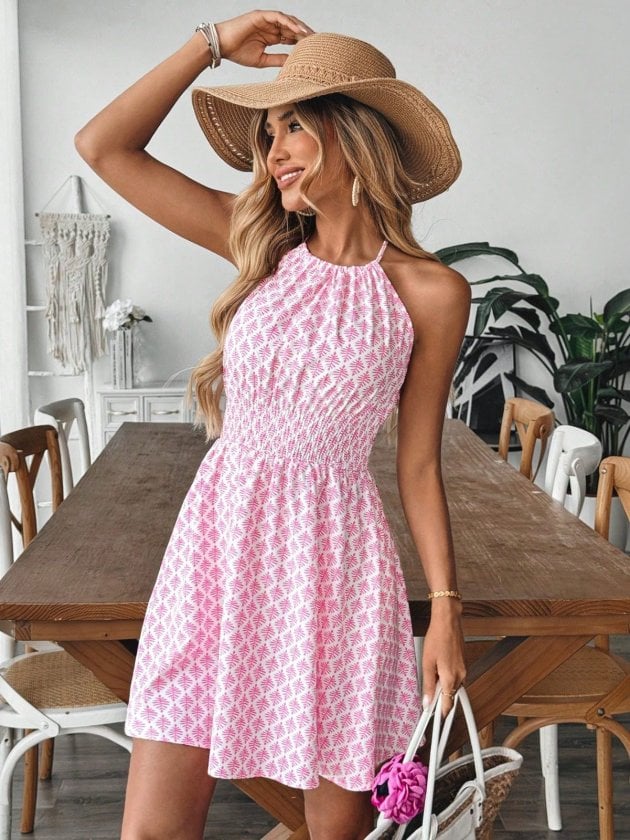 Women's Sleeveless Halter-Neck Floral Print Dress with Smocked Waist - Janes - by Peralane - photo 6