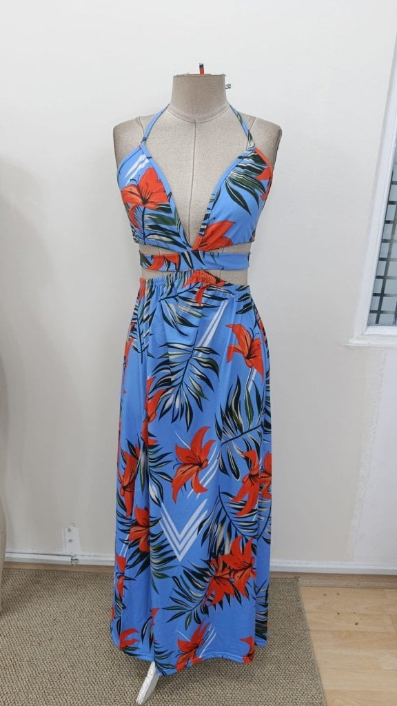 Women's Halter Neck V-Neck Slit Maxi Dress with Tropical Print - Janes - by Peralane - photo 8