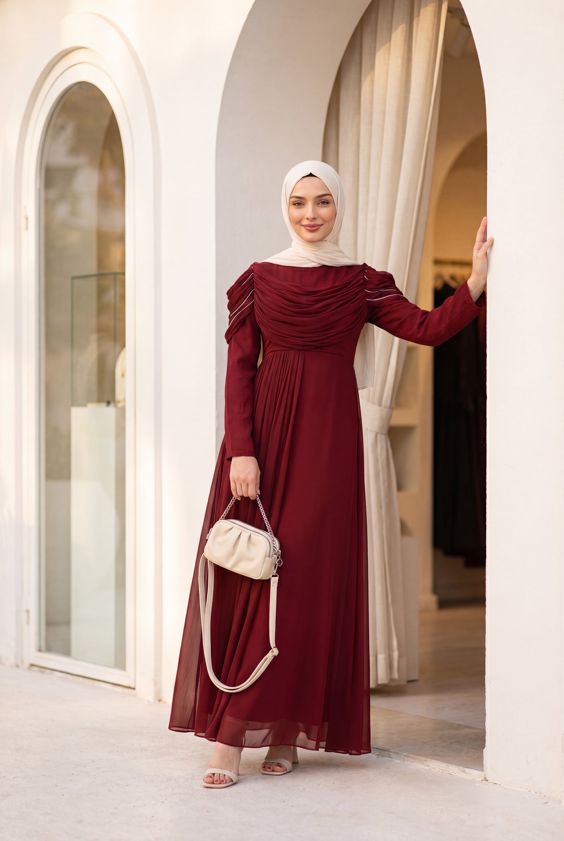Burgundy Satin Evening Dress with Stone-Embellished Shoulders and Pleated Detail - Podyumplus - by Peralane - photo 6