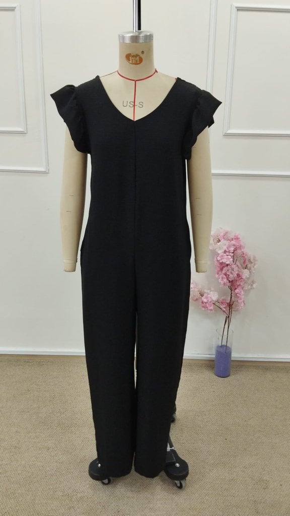 Women's Short-Sleeve V-Neck Deep Back Lace-Up Long Jumpsuit - Black - Janes - by Peralane - photo 4