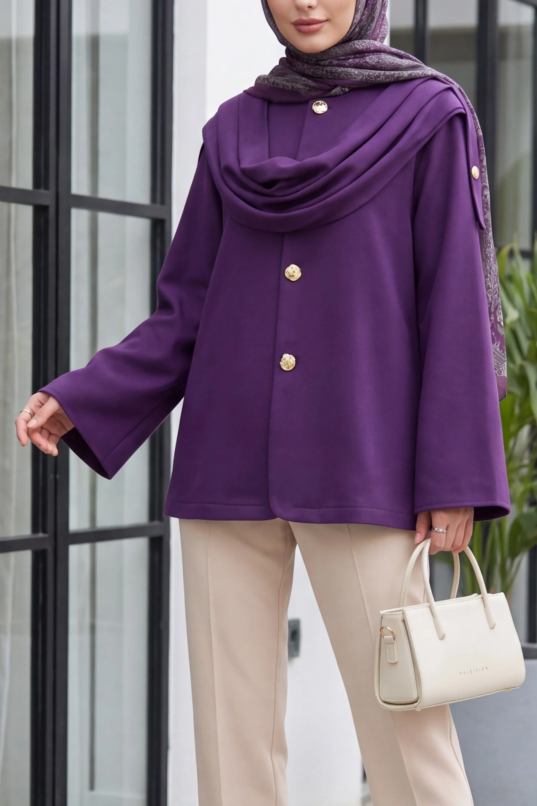 Winter Felt Coat with Shawl Detail - Purple - Podyumplus - by Peralane