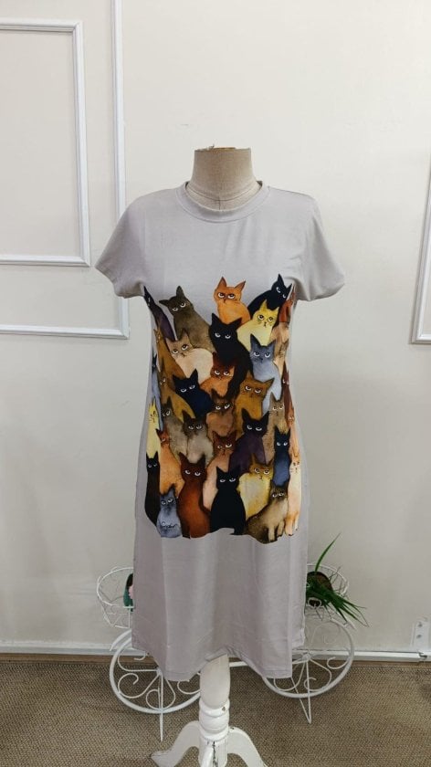 Cat Print Crew Neck Short-Sleeve Midi Viscose Dress - Janes - by Peralane - photo 4