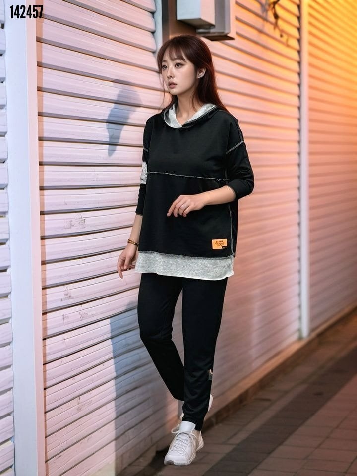 Women's Black Hooded Loungewear Set with Contrast Stitching - Janes - by Peralane - photo 3