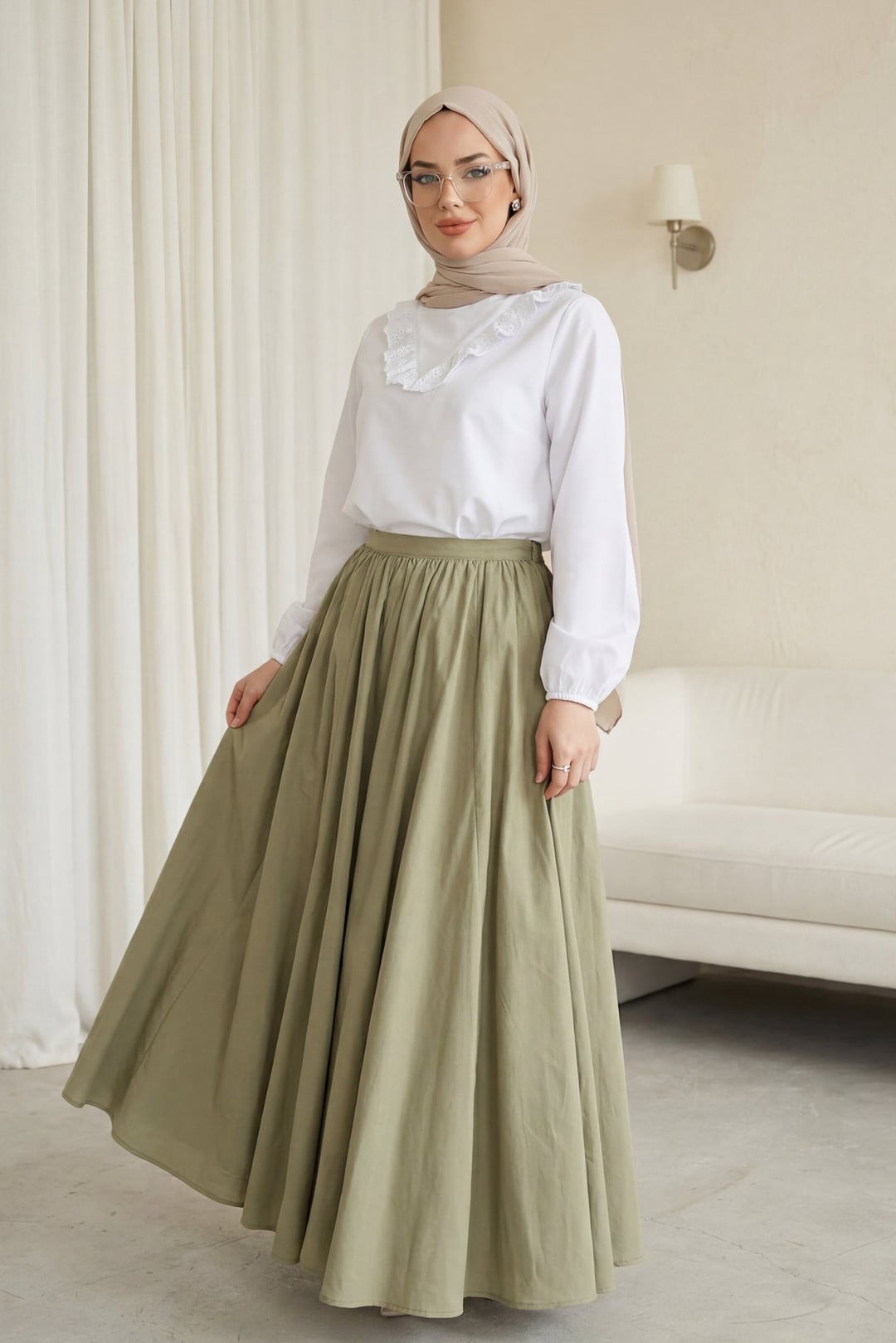 Zippered Lined Summer Flared Skirt in Olive Green - Podyumplus - by Peralane - photo 3