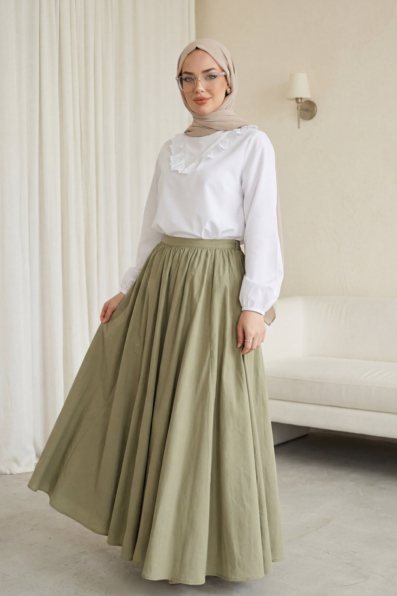 Zippered Lined Summer Flared Skirt in Olive Green - Podyumplus - by Peralane - photo 3