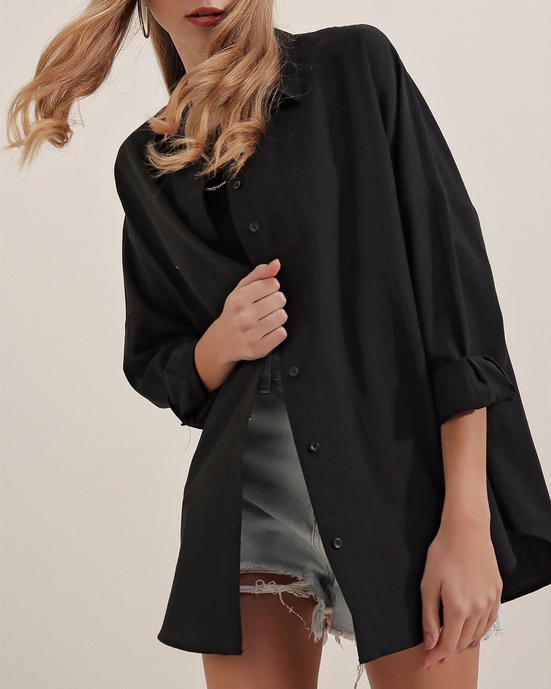 Women's Black Oversize Long Basic Blouse - Bigdart - by Peralane - photo 4