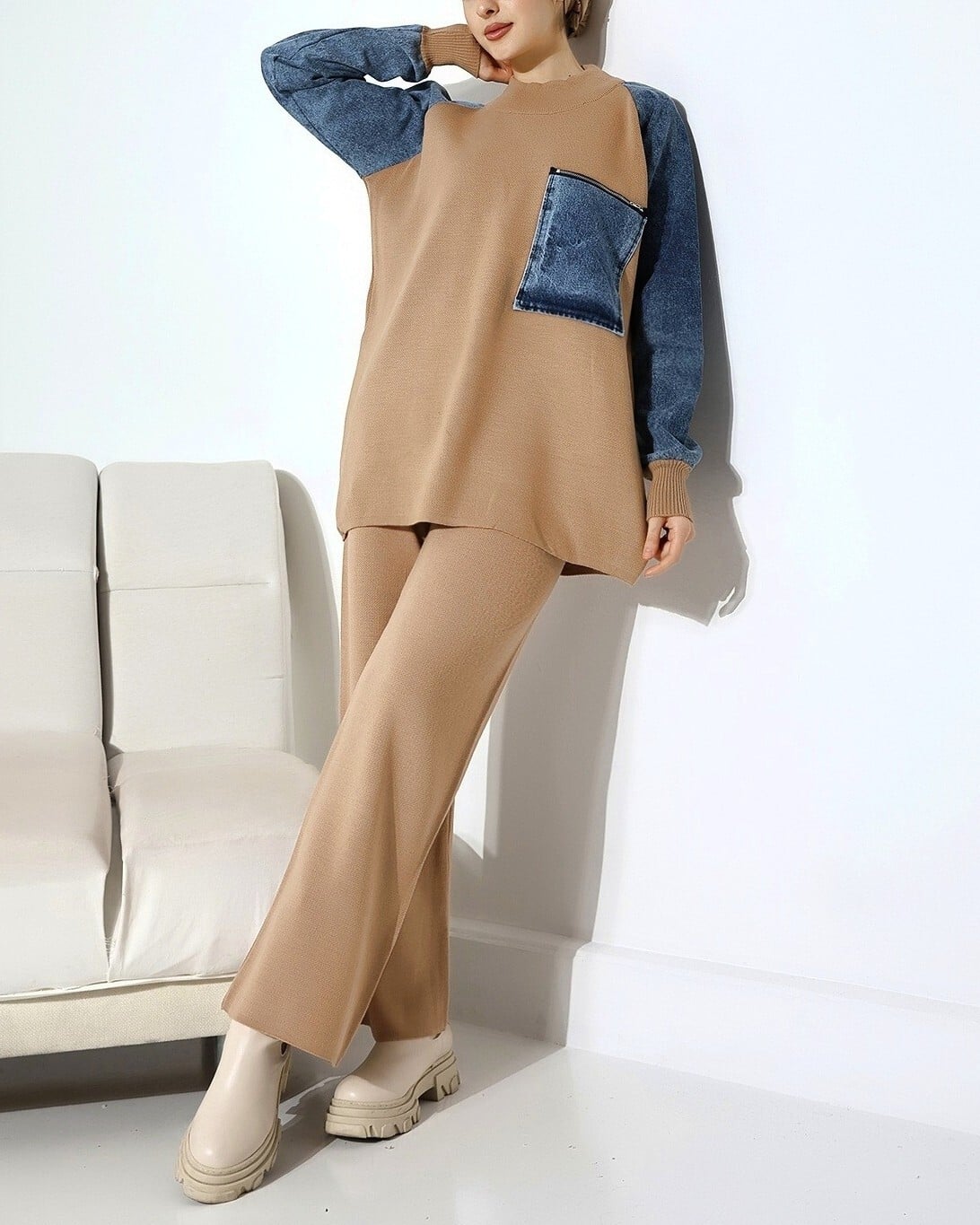 Zip Pocket Knit Co-ord Set - Beige (Vizon) - Podyumplus - by Peralane - photo 4