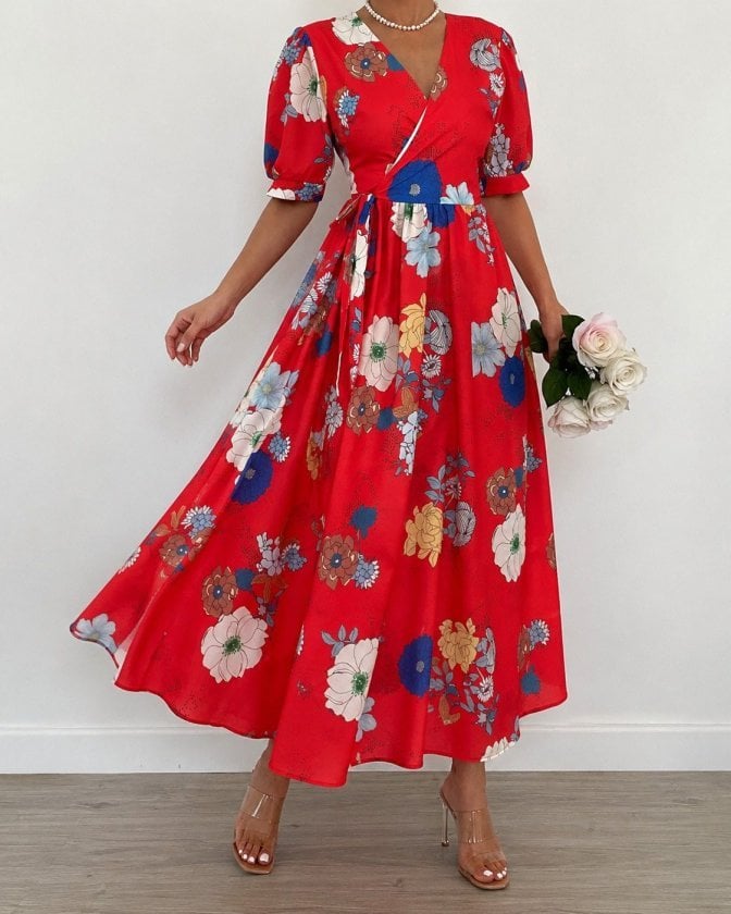 Women's Short-Sleeve Wrap Dress with Floral Print and Side Tie - Janes - by Peralane