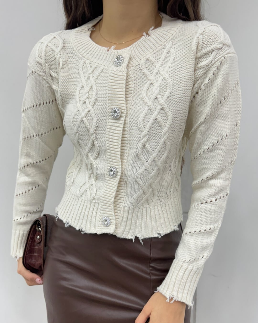 Stone Button Cropped Knit Cardigan - Beige - Podyumplus - by Peralane - photo 3
